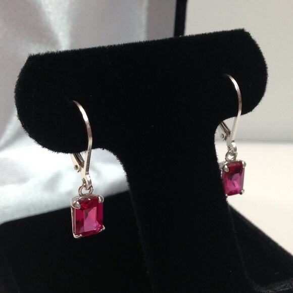 Beautiful 2ctw Emerald Cut Ruby Earrings in Sterling Silver Drop Dangle Earrings - Picture 4 of 5